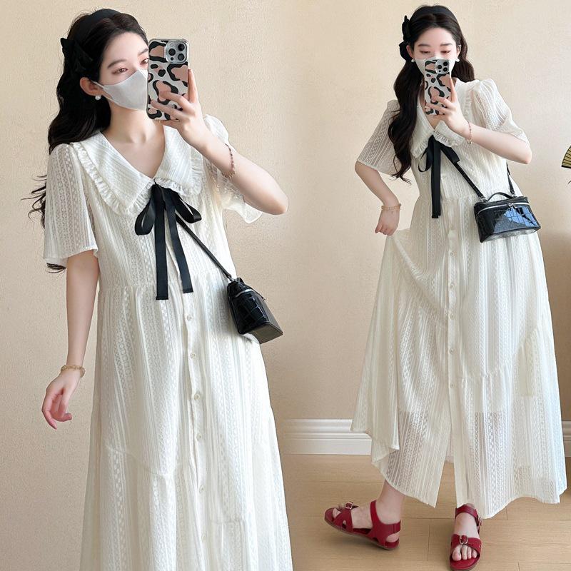 French Academy Style White Doll Collar Maternity Dress - Loose, Slimming, Age-Reducing, Long, Summer 2026