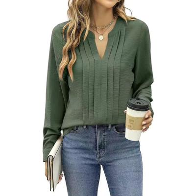Spring Autumn Elegant Shirts Women Long Sleeve Solid Color V Neck Pleated Blouse Tops