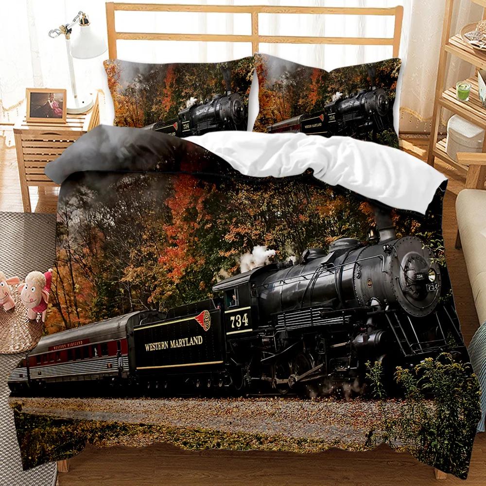 Steam Train Duvet Cover Digital Illustration Of A Locomotive Train On A Steel Railway Track Adventure Art Polyester Qulit Cover