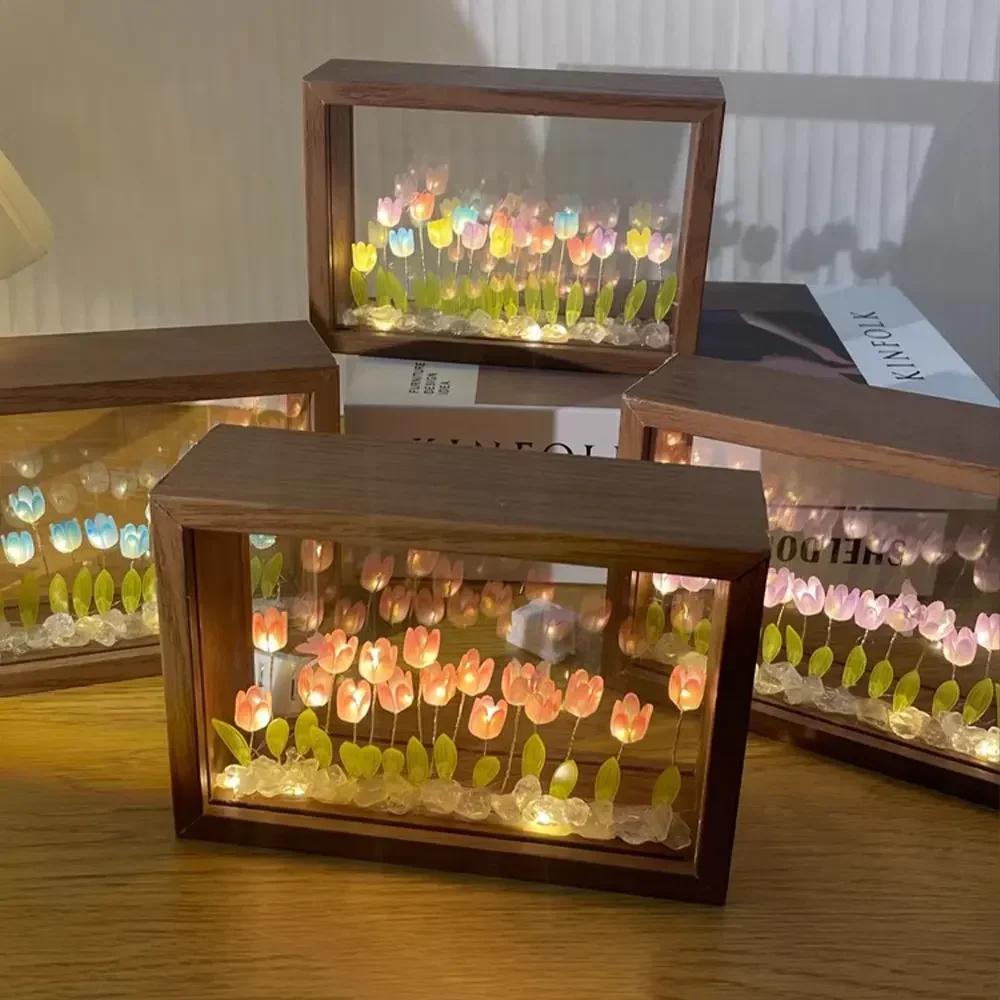 DIY Wooden Photo Frame Tulip Flower Sea Home Decoration Ornaments Atmosphere Lights Valentine's Day Mother's Day Birthday Gifts