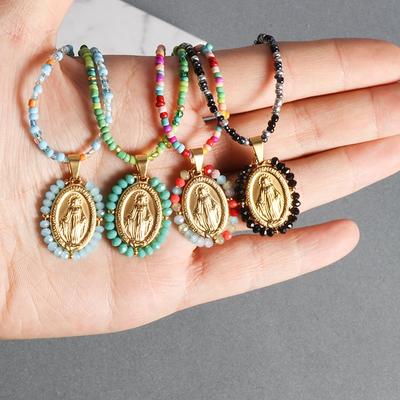 Catholic Virgin Mary Stainless Steel Pendant Women\\\'s Bohemian Beaded Necklace Fashion Rainbow Colorful Jewelry
