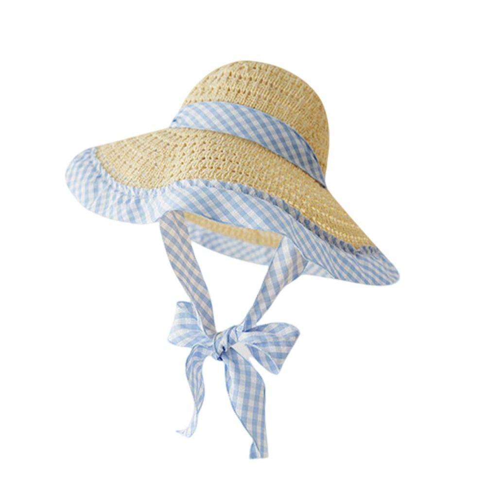 Blue Grid Woven Hat Wide Brim Fisherman Hat Fashion Sun Cap Summer