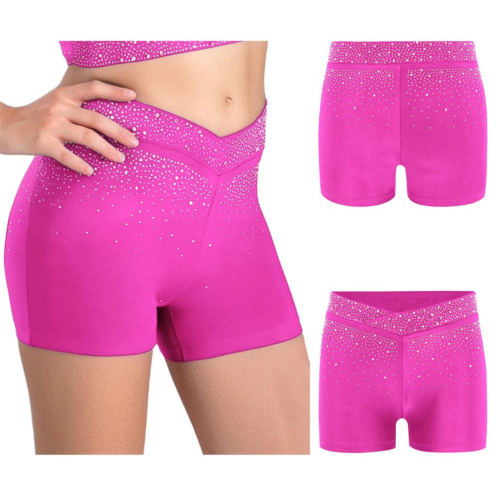 Kids Performance Shorts with Sparkling Rhinestones V-Front Elastic Waistband for Dance Gymnastics