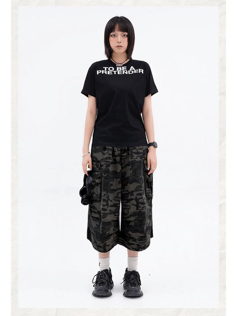 Salopetă Retro Camuflaj cu Talie Înaltă și Picioare Late cu Buzunare Multiple WHOOWAP