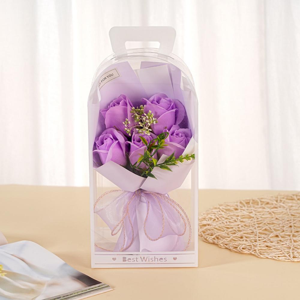 5 Heads Artificial Flowers Artificial Rose Flower Bouquet with PVC Transparent Gift Box Valentine's Day Mother's Day Soap Flower