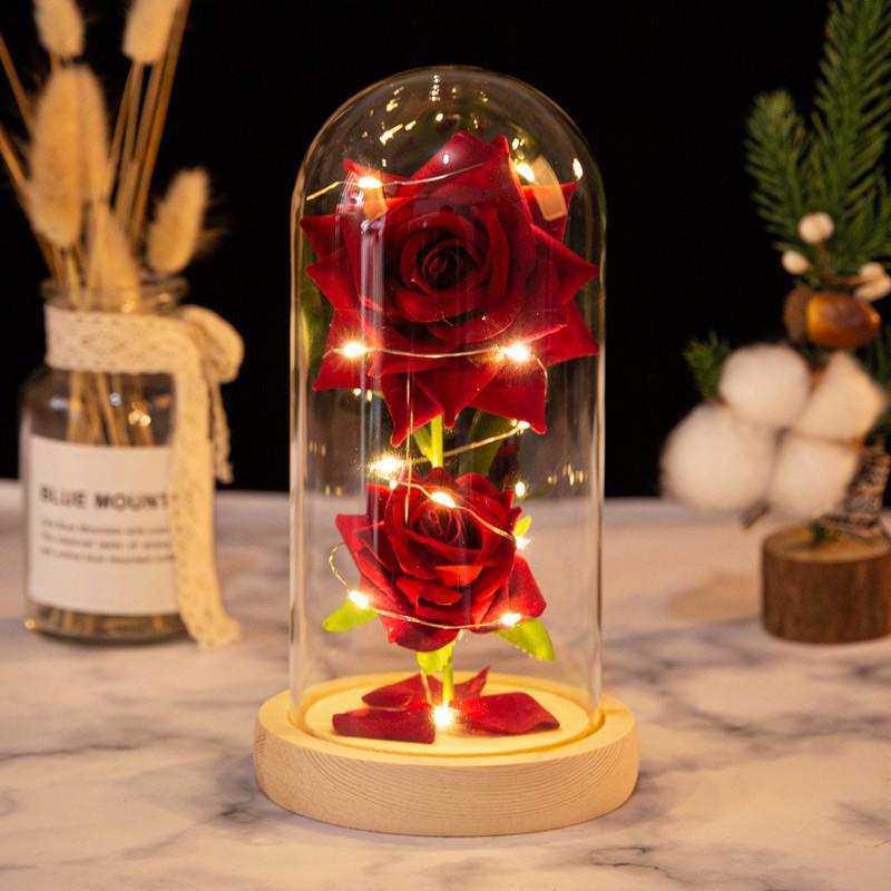Two roses glass cover ornament Christmas Valentine's Day birthday gift LED light simulation eternal flower