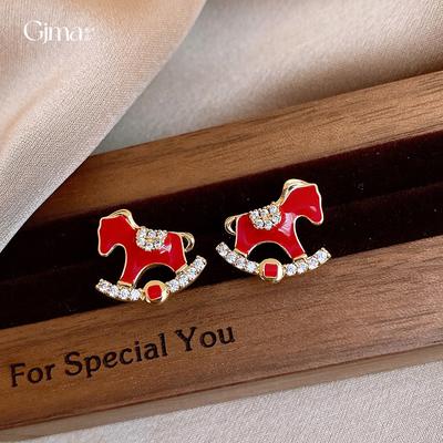 18k Real Gold Electroplated Red Oil Dripping Zircon Pony Stud Earrings Natal Year Earrings New Chinese Niche Earrings