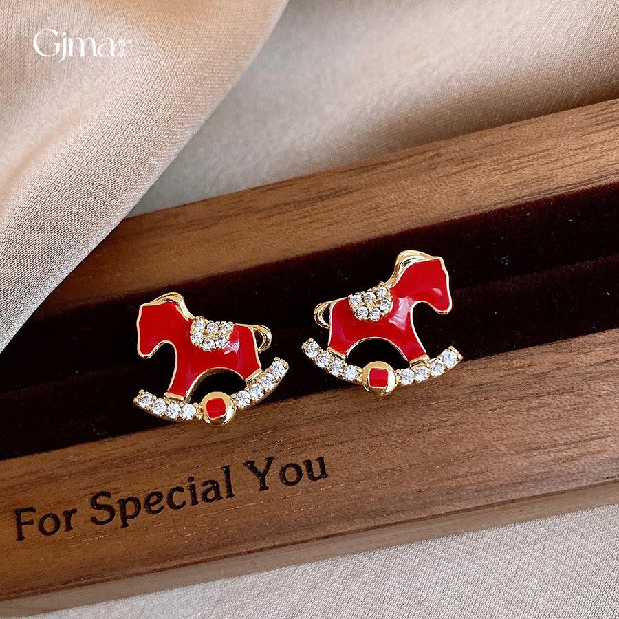 18k Real Gold Electroplated Red Oil Dripping Zircon Pony Stud Earrings Natal Year Earrings New Chinese Niche Earrings