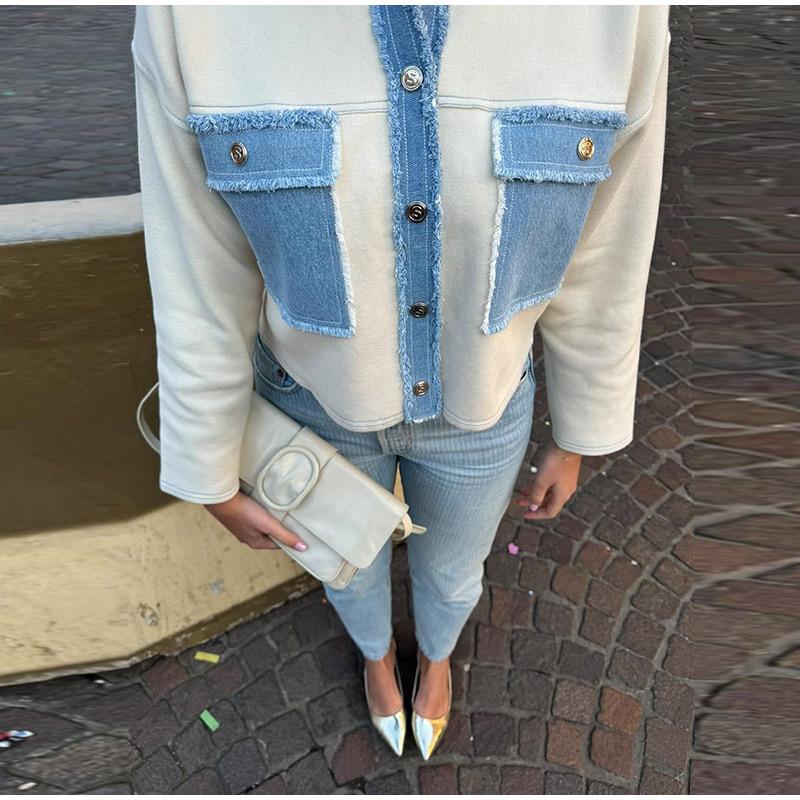 Y2k Women Denim Patchwork Jacket Coat Lapel Long Sleeves Jackets with Pockets Spring Casual Lady Denim Coats Designer Outwear Top