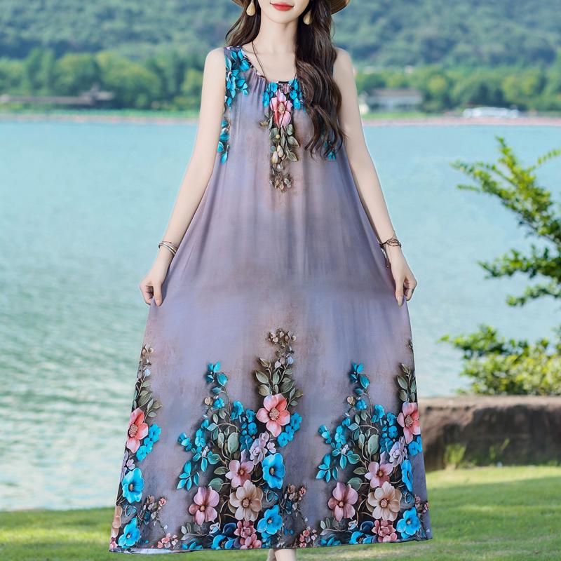 Damen Sommerkleid Vintage Kleidung Lässig Ärmellos Lange Kleider