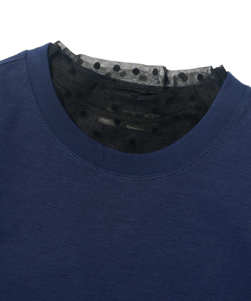 CARGOBROS FOR WOMAN Dot See-Through Long Sleeve Layered Casual Short Sleeve Tee Set (Black/Navy)