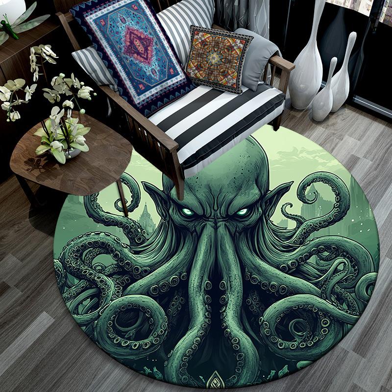 Green Octopus Round Area Rug,Carpet Rug for Living Room Bedroom Sofa Playroom Decor,Non-slip Floor Mat