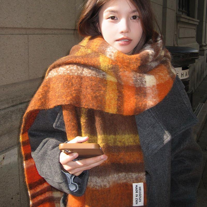 

Зимний женский шарф из искусственного кашемира в британском стиле в клетку, корейская атмосфера, шаль, утолщенный, теплый, ветрозащитный, для защиты шеи, грелка для шеи