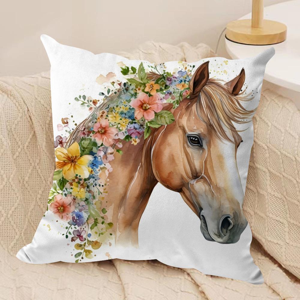 Watercolor Horse  Floral Cushion Cover Soft Plush Fabric DoubleSided Printed Cushion Covers for All Seasons Modern Home Decor