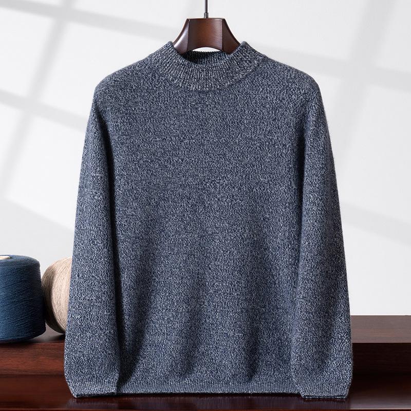 Men's Thickened Cashmere Sweater, Half-High Neck Pullover, Heather Yarn, Long Sleeves, Warm Base Layer