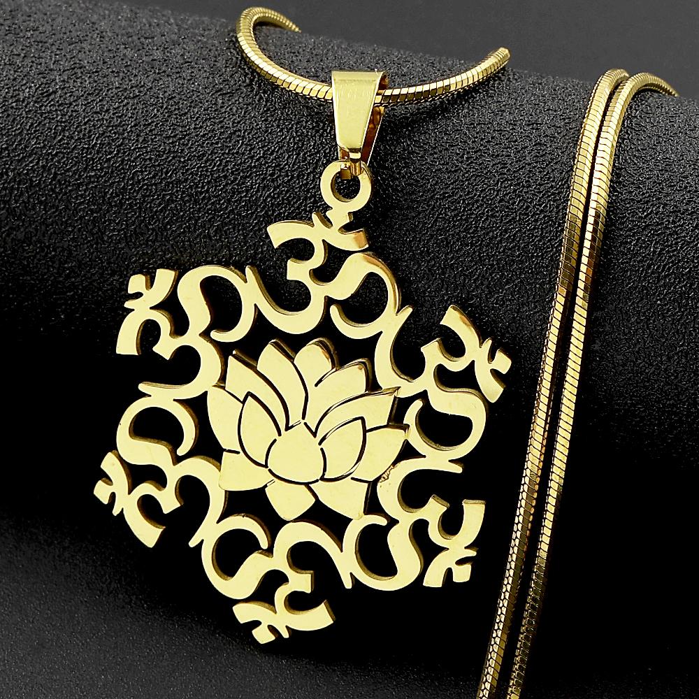 Hindu Buddhist Lotus Stainless Steel OM Symbol Necklace for Women Men Gold Silver Color Spiritual Snake Chain Necklace Jewelry