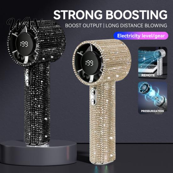 Rhinestone Handheld Fan with Digital Display, Turbo High Speed Portable Powerful Mini Fan, Quiet Operation Cooling for Outdoor Travel