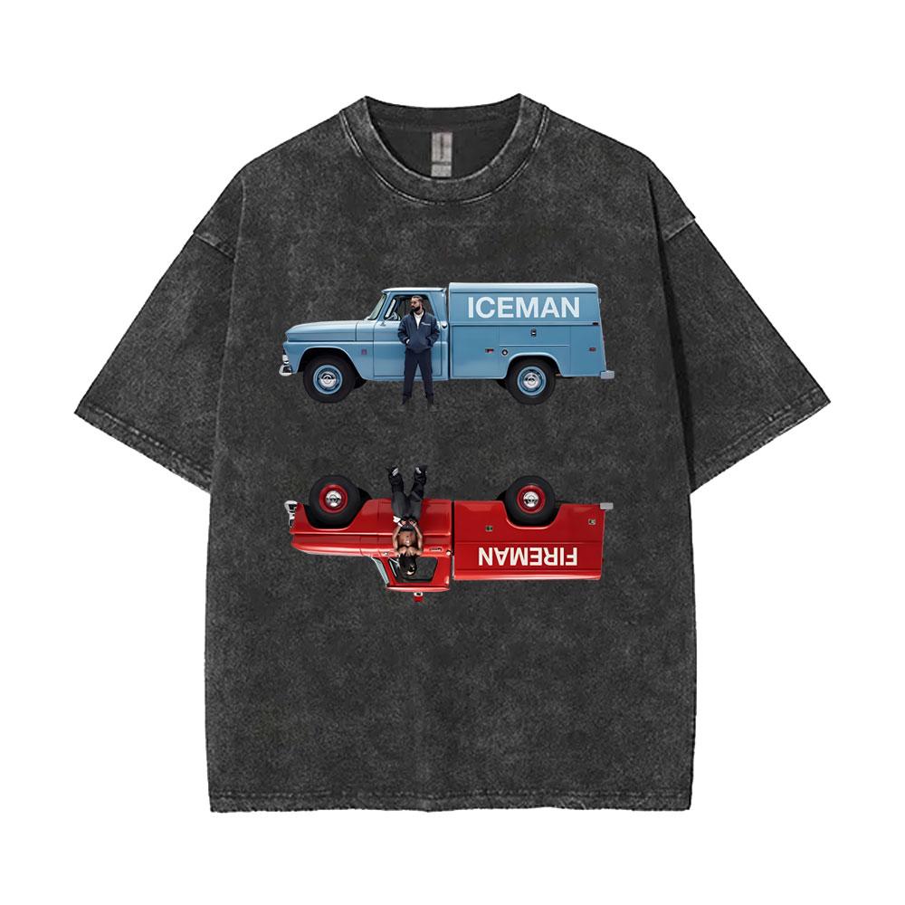 Washed Vintage Rapper Drake ICEMAN Face Graphic Print Tshirt Men Women Hip Hop Fashion Trend T Shirts Mens Oversized Tshirts 2XL