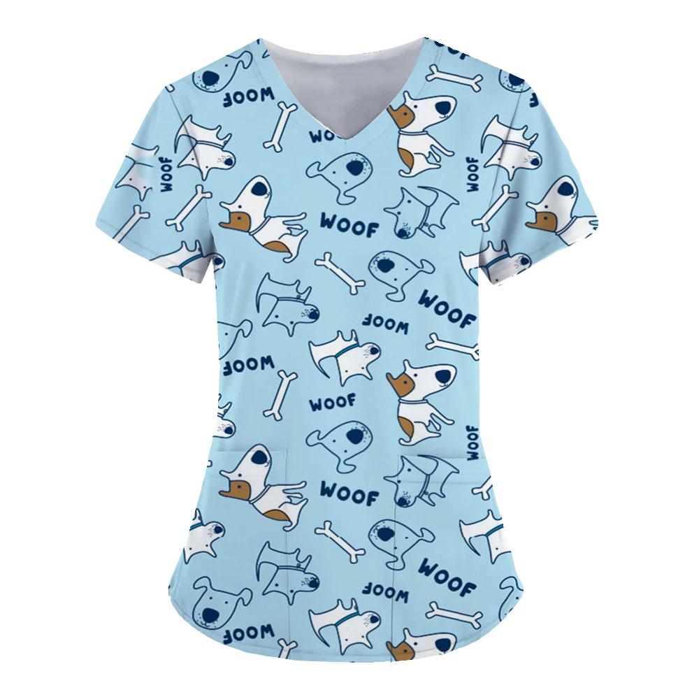 

Женские футболки с V-образным вырезом, рабочая униформа для женщин, милые топы с 3D-принтом динозавра, милая блузка медсестры с принтом животных, карман, рабочая одежда 6XL