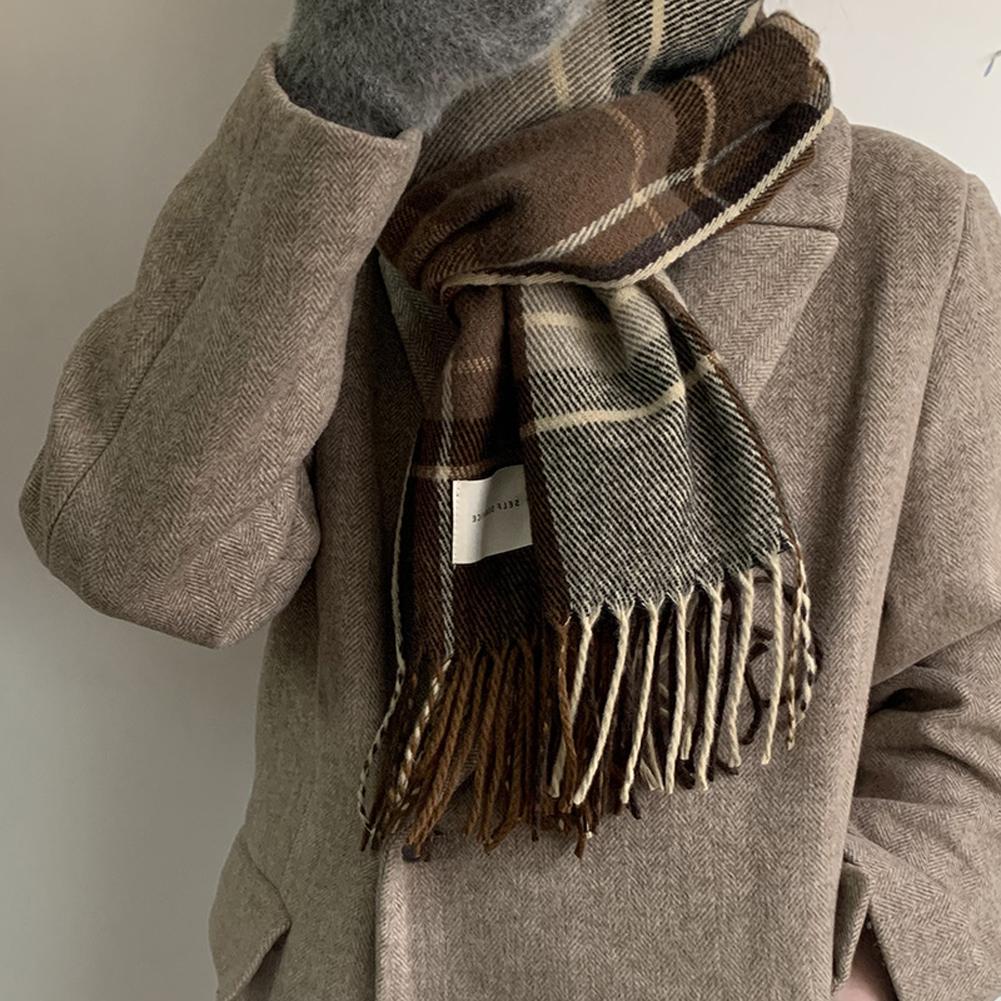 Women Winter Warm Scarf Trendy Sweet Plaid Tassel Imitation Cashmere Neck Warmer For Birthday Gifts