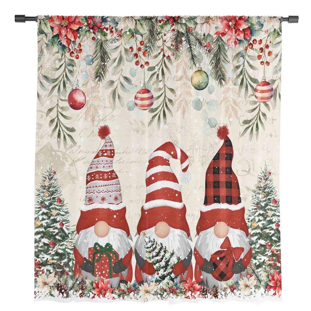 Christmas Ball Dwarf Poinsettia Christmas Tree Sheer Curtains Bedroom Decoration Window Curtains Kitchen Tulle Voile Curtains