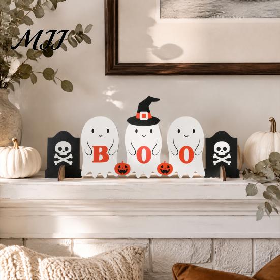 Kids Room Halloween Decorations Cute Ghost Wooden Decor, BOO Pumpkin Witch Tabletop Ornament Table for Desk Shelf, Soft Spooky Home