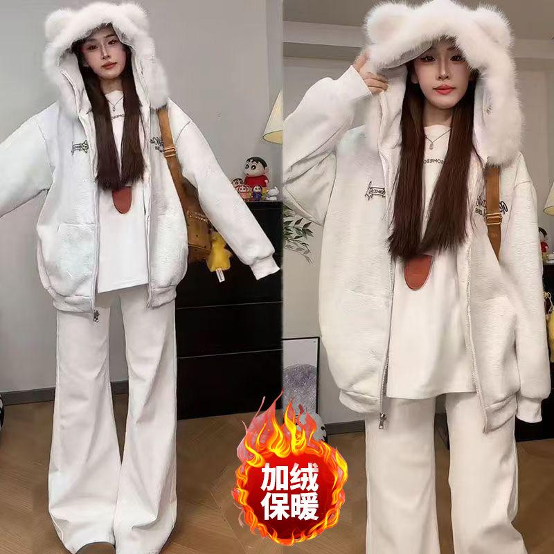 Fur Collar Cat Ears Hooded Zipper Cardigan Sweater Women's Autumn and Winter Great-looking Plush Thickened Loose Top Jacket