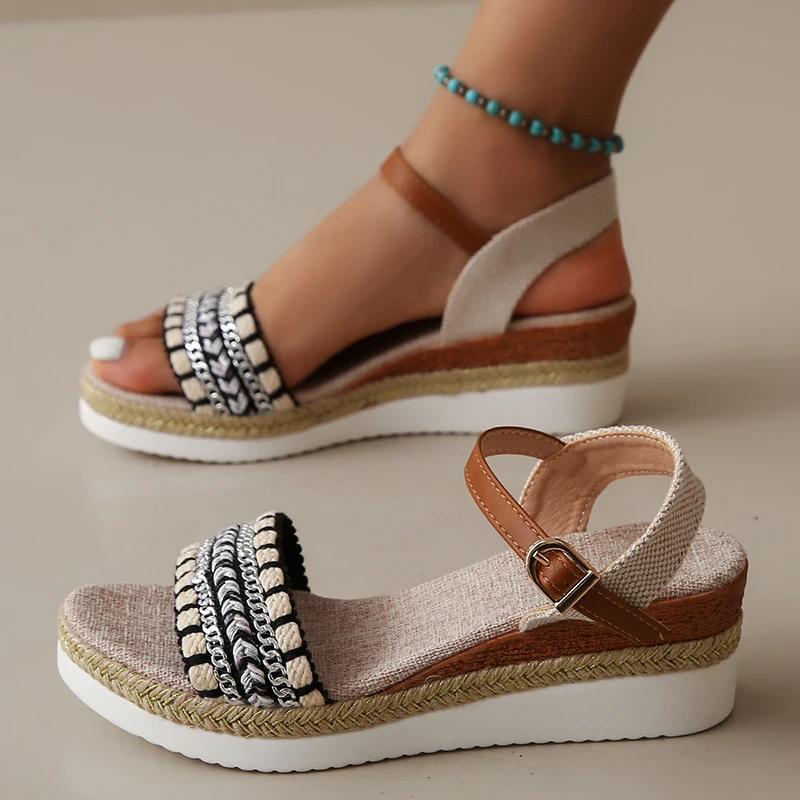 Fashion Retro Checkered High Heel Sandals for Women New Back Strap Thick Bottom Sandals Woman Summer Round Toe Anti-Slip Sandalias Mujer