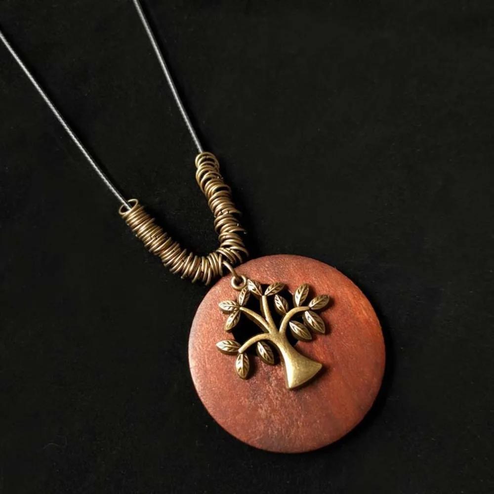 Retro Legno Foglia Gufo Lunga Catena Maglione Etnica Collana Rotonda Donne Ciondolo Orologio Gioielli Femminili Accessori per il Collo Regali Collare