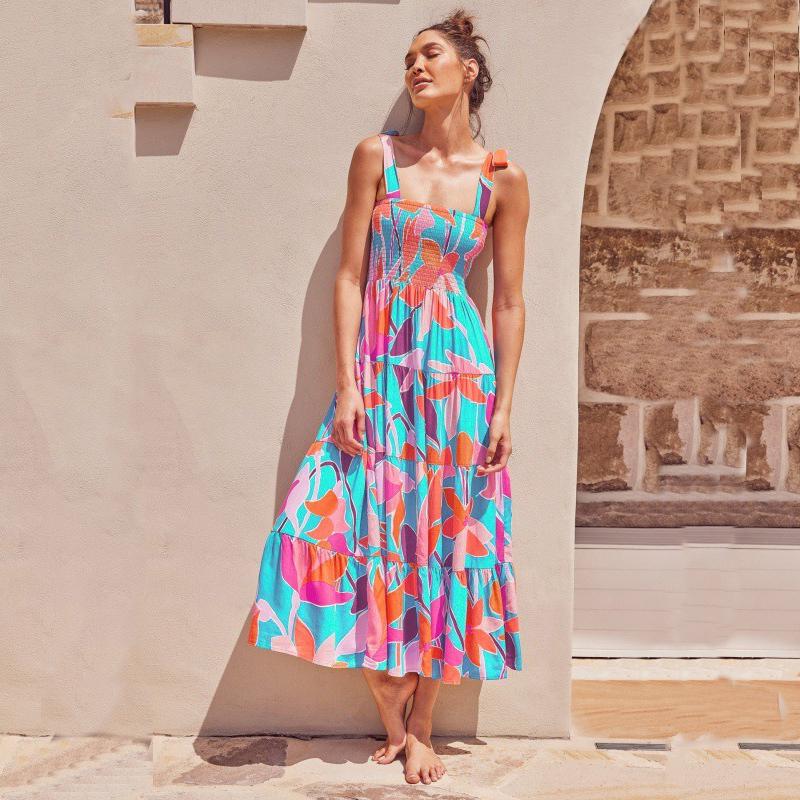 Vestido longo com estampa floral para mulheres, decote quadrado, cintura alta, sem mangas, vestido longo de verão, férias, praia, vestido respirável, fino, macio e confortável