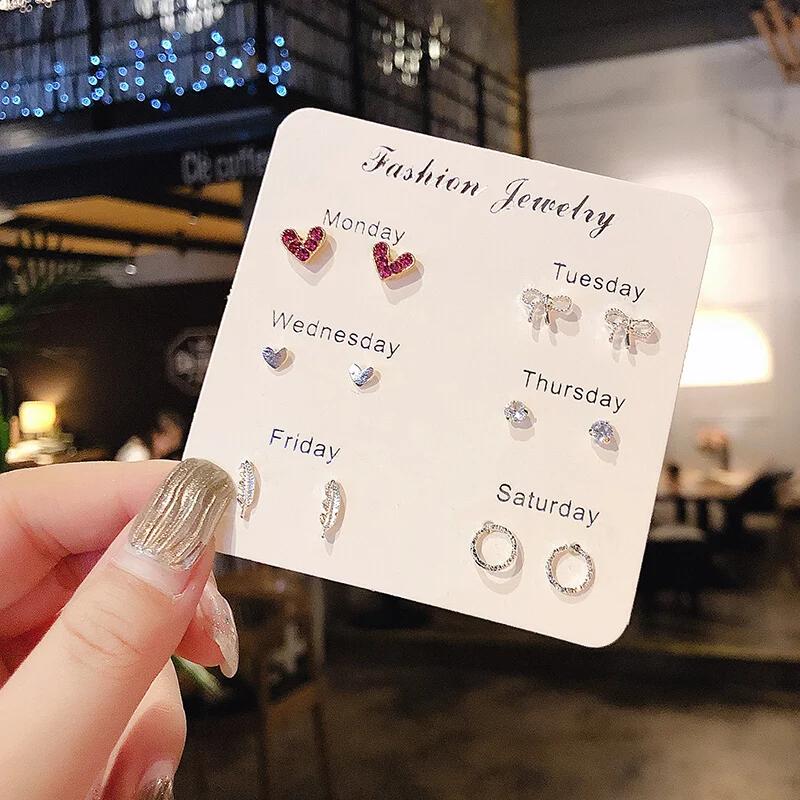 

Trend Pink Heart Bowknot Pearl Stud Earrings Set for Women Girl Cute Exquisite Mini Earrings Zircon Gift Wholesale Direct Sales