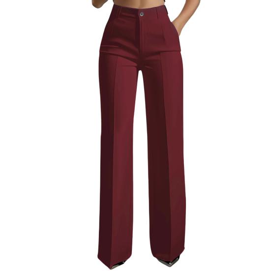 Women Pants High Waist Straight Wide Leg Suit Trousers with Side Pockets Pure Color