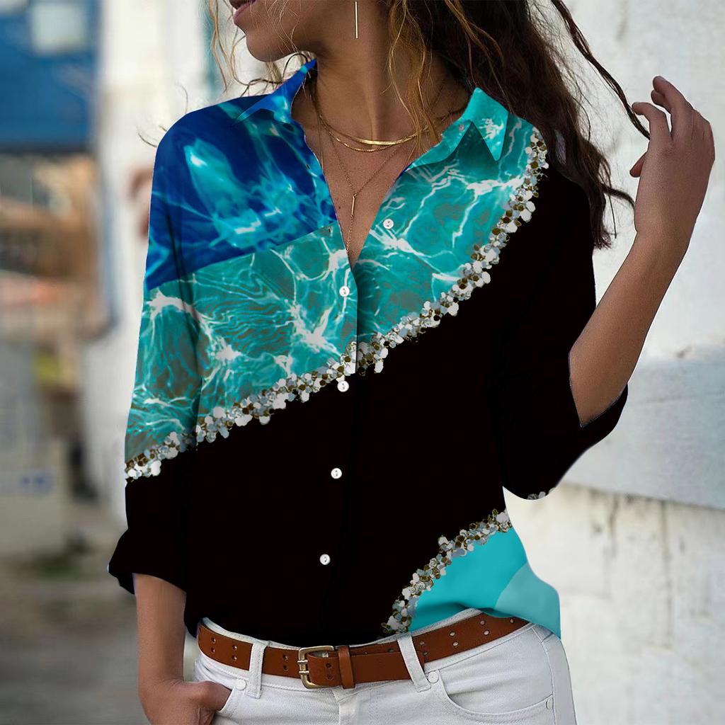 Liusha River Print Women Blouse Spring Autumn Femme Office Lady Button Up Turn Down Collar Shirts