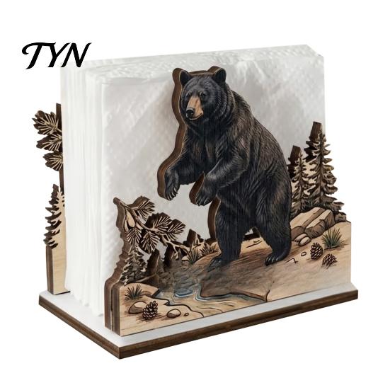 Decorative Napkin Stand for Dining Room Rustic Wooden Holder, Octopus/Bird/Goose/Turtle/Black Bear/Elephant Pattern, Compact Tissue Modern Wood