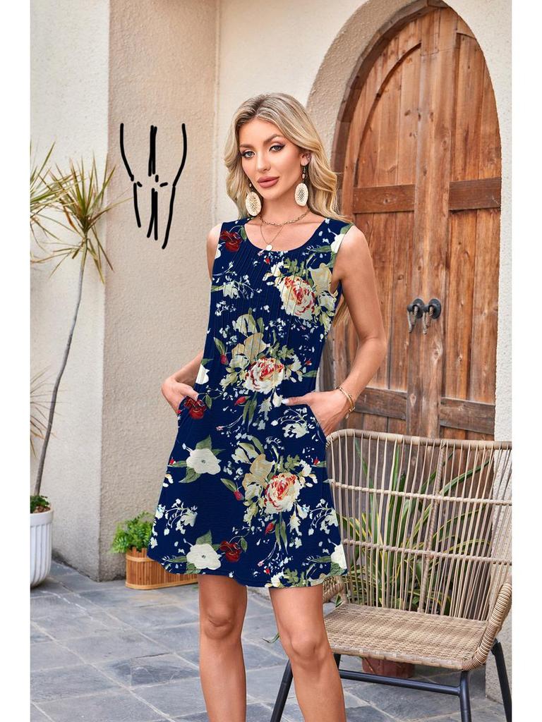 European American Women's Sleeveless Drawstring Pocket Dress - Round Neck Print
