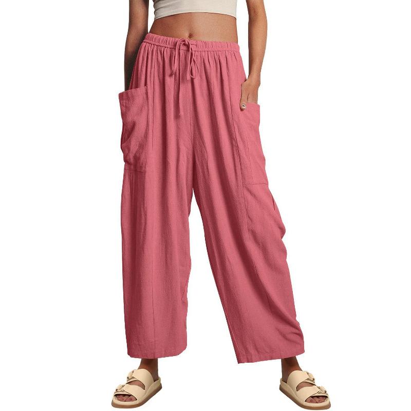 2026 Spring/Summer Women's Elastic Waist Pleated Mid-Waist Straight-Leg Loose Casual Cropped Pants
