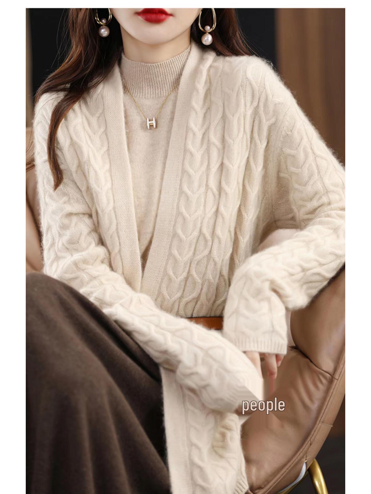 

Korean Style 100% Wool Cable Knit Mid-Length Cardigan - Loose Fit, Elegant & Slimming Design. L
