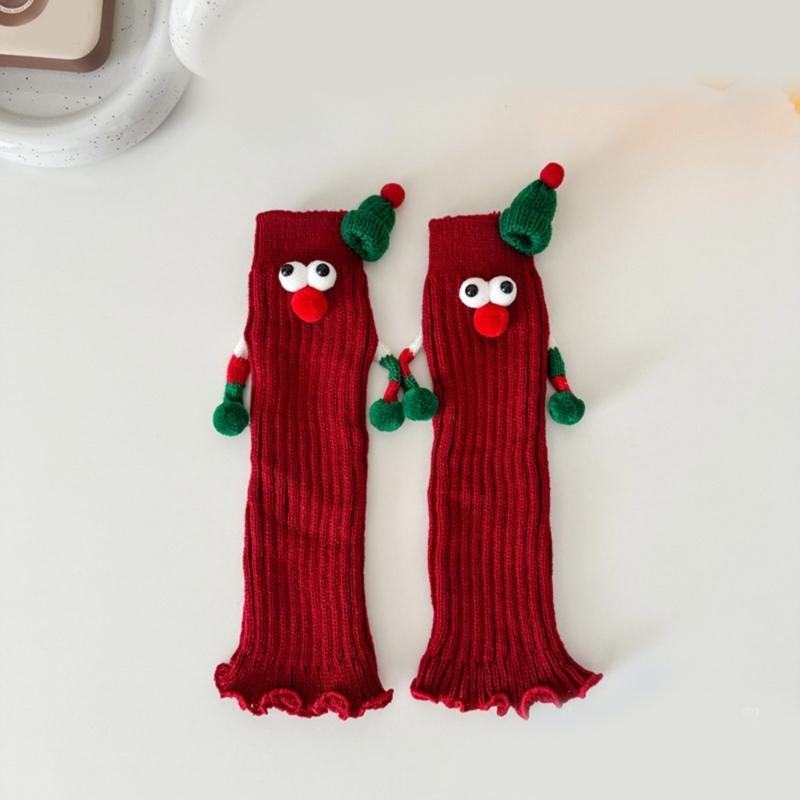Christmas Holiday Leg Covers 3D Santa Hat Doll Magnetic Hand Holding Leg Warmers Socks with Big Curious Eyes for Women