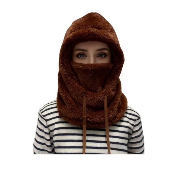 Women Riding Headgear Solid Color Adjustable Drawstring Face Guard Headgear Fall Winter Thickened Warm Plush Hat