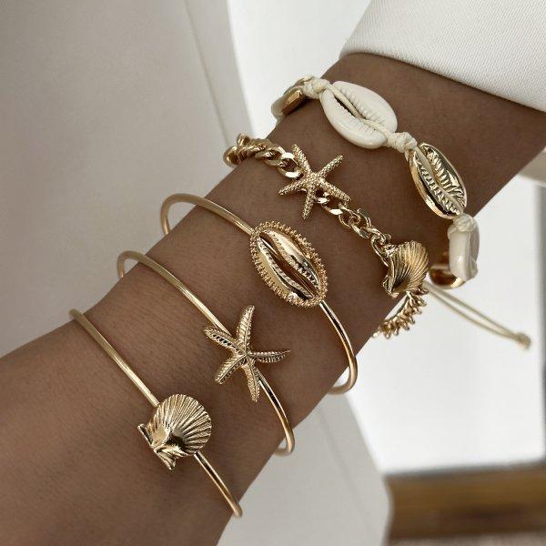 Bohemian Gold Color Shell Starfish Bracelet Set For Women Summer Beach Pearl Beaded Bangle Ocean Charm Jewelry Accessories