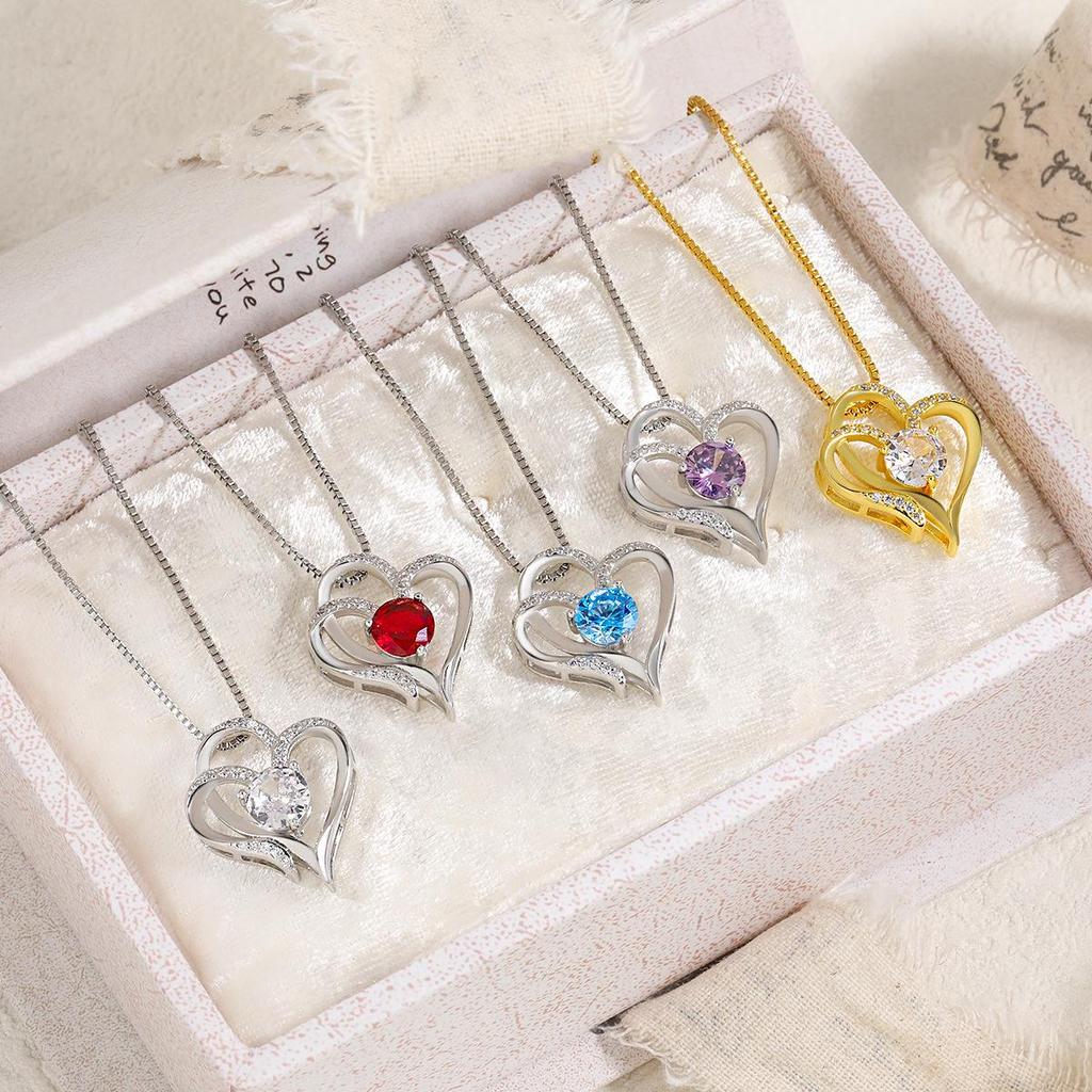 Elegant Double Heart Pendant Necklace with Colored Zirconia