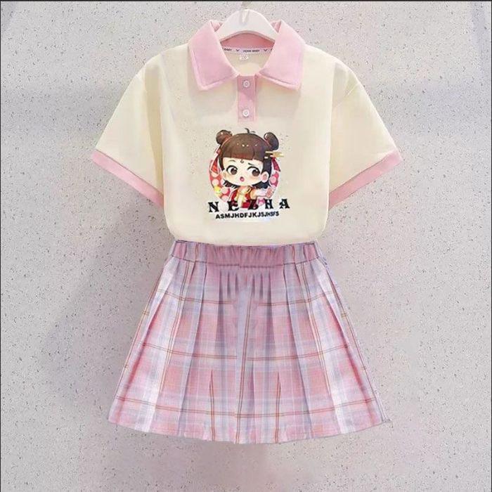 Kuromi Girls' Summer Cartoon JK Skirt Set - Short Sleeve Dress for Middle and Big Kids