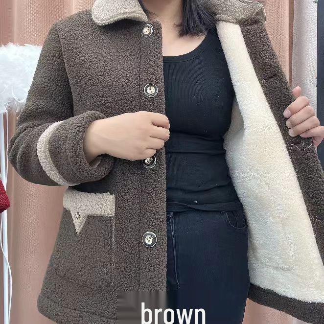 Lambswool Faux Fur Lined Loose Fit Mid-Length Women's Winter Coat, 2025 Autumn/Winter Collection