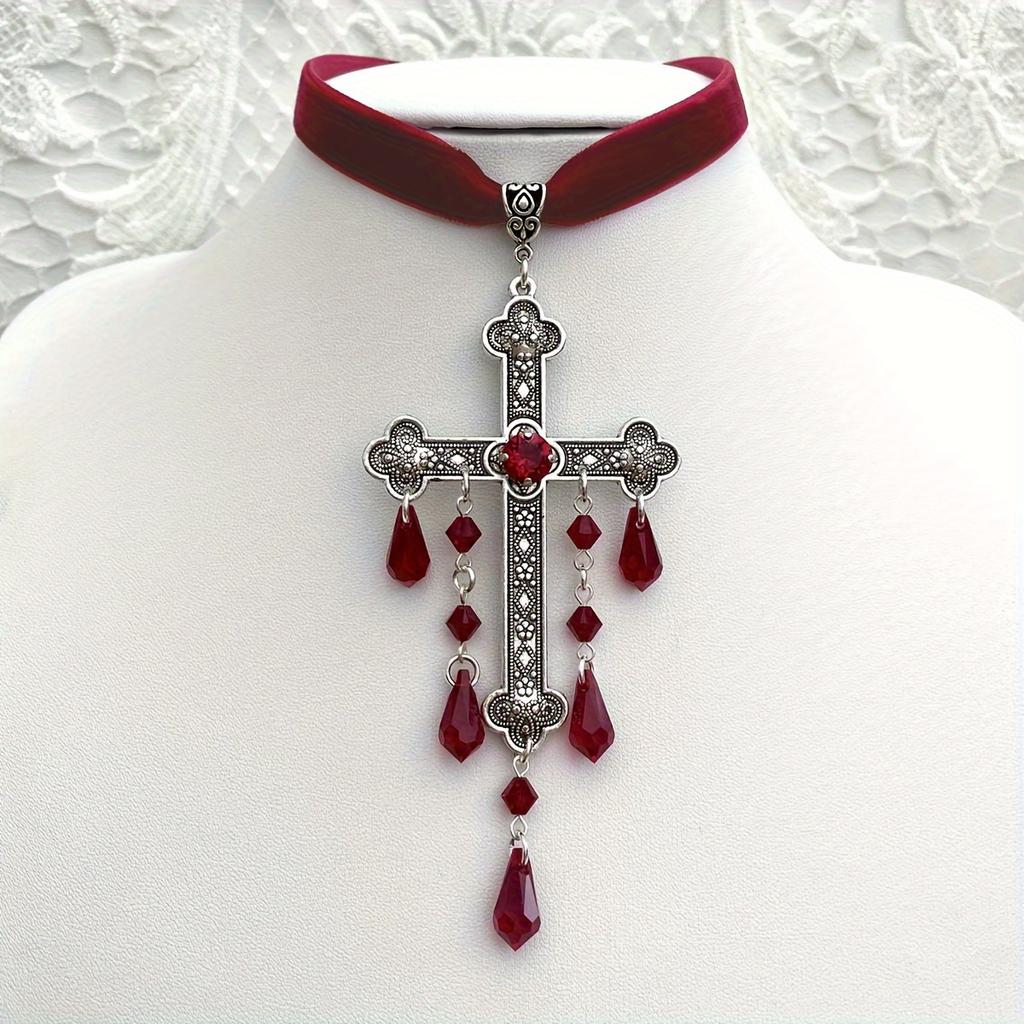 Gothic Vampire Silvery Large Cross Pendant Necklace Inlaid Artificial Crystal  Bohemian Style Synthetic Gems Decor Pendant Necklace Jewelry Gift