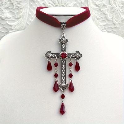 Gothic Vampire Silvery Large Cross Pendant Necklace Inlaid Artificial Crystal Bohemian Style Synthetic Gems Decor Pendant Necklace Jewelry Gift