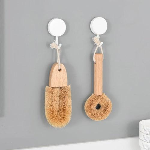FTXJEHG Kitchen Scrubber, Palm Fiber Kitchen Brush with Handle, Dish Brush for Woks and Iron Frying Pans, Kamenoko Scrubber, Palm Fiber, Coconut Fiber
