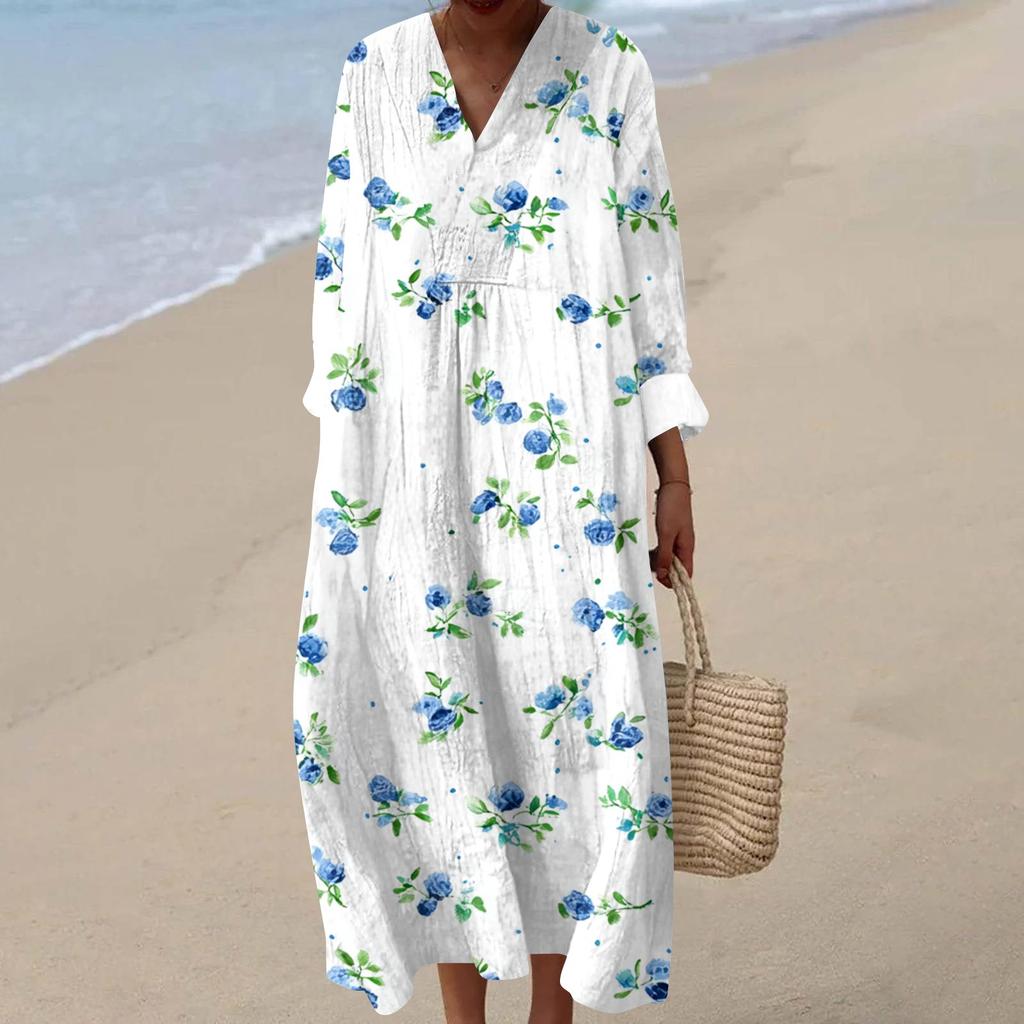 Kadın Günlük Moda V Yaka Uzun Kollu Çiçek Desenli Maksi Elbise