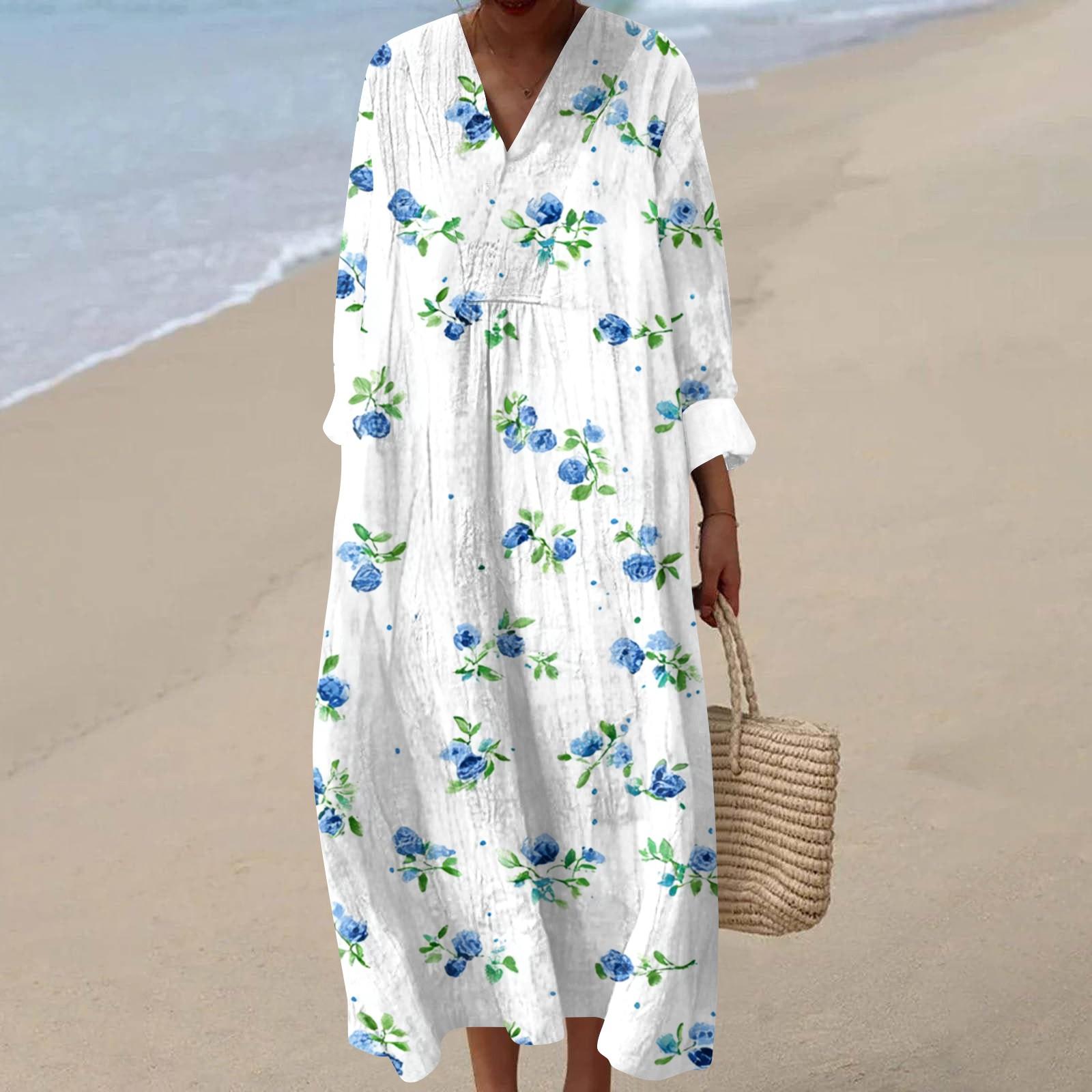 Women s Casual V Neck Long Sleeve Floral Print Maxi Dress Loose Fit Lightweight Bohemian Style Dress with Pockets L