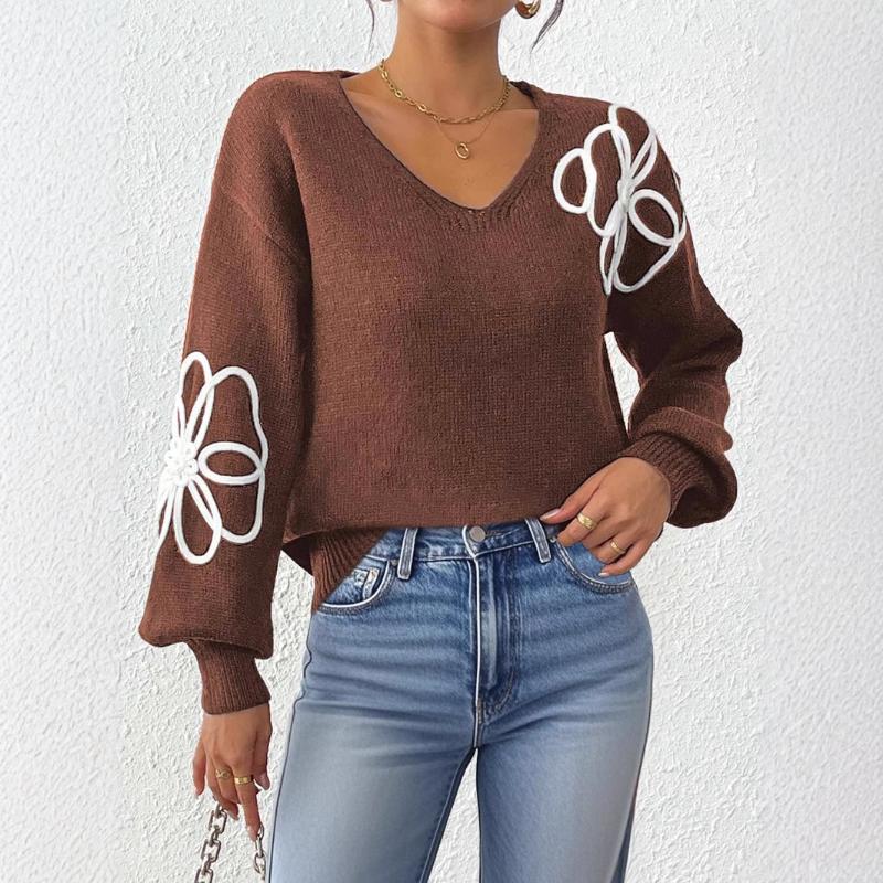 Damenoberteile mit floraler Bandstickerei, unregelmäßiger bestickter V-Ausschnitt, lässige Pullover