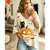 Halloween Printed T-shirt, Pumpkin Lantern Ghost T-shirt, Plus Size Women's V-neck Bat Sleeve Seven Quarter Sleeve Casual Top